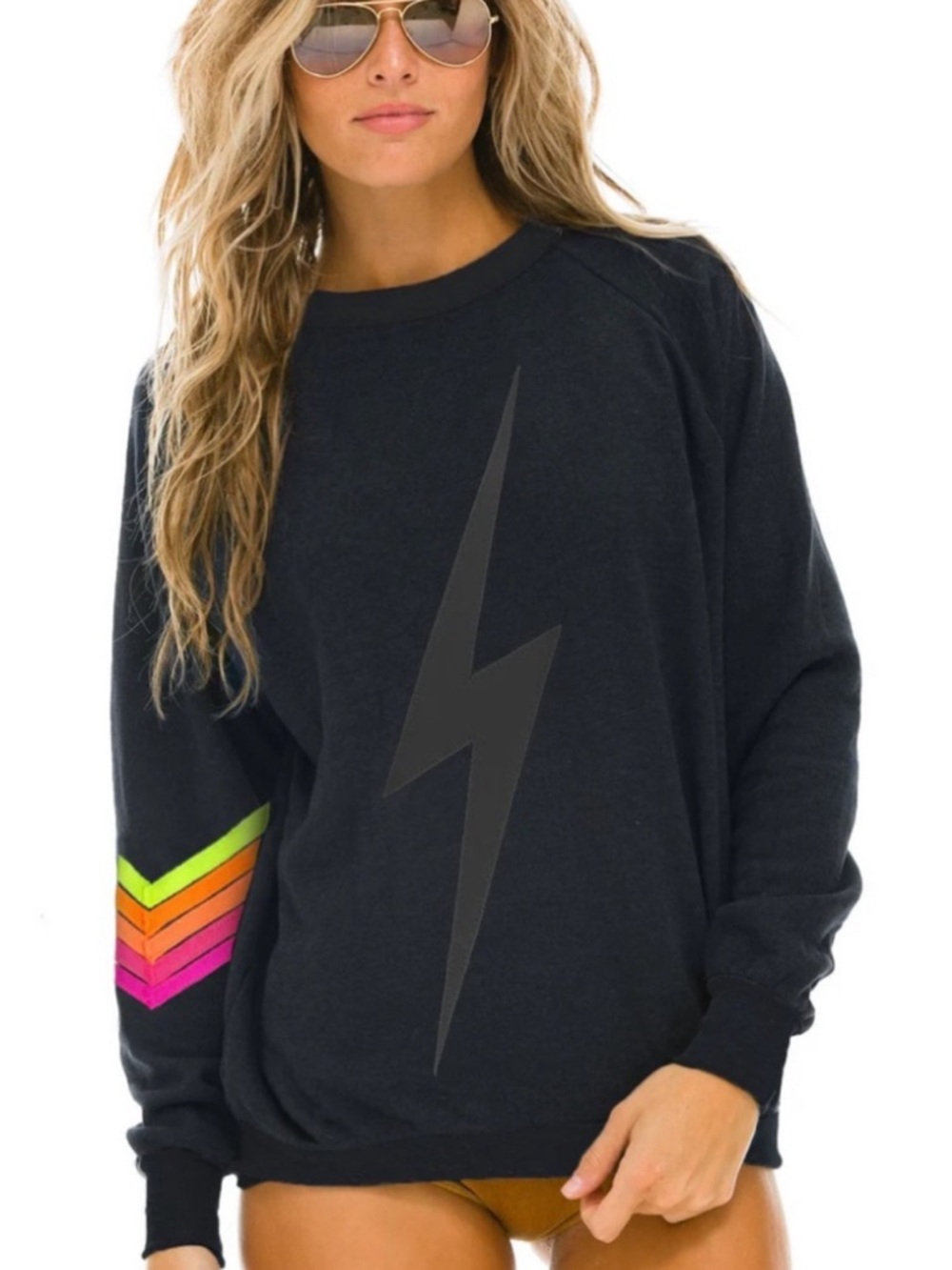 Aviator Nation Black Lightning Bolt Sweatshirt with Neon Stripe Sleeve